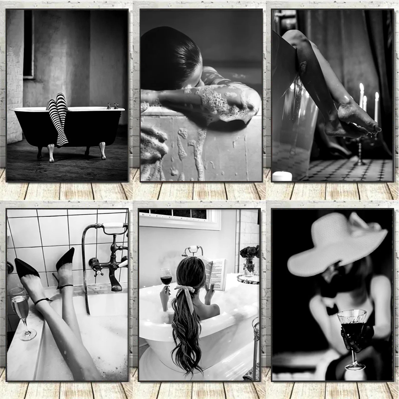 Vintage Fashion Prints For Wall - Black and White Woman Bathroom Canvas