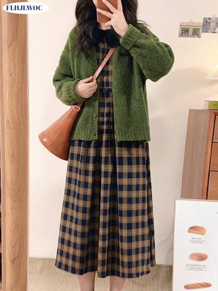 Vintage Fashion Korea - Coffee Plaid Dresses 2023 Basic Wear
