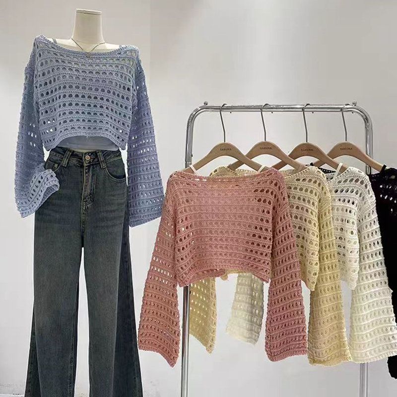 Crochet Top Boho - Long Sleeve Crochet Knit Top Summer
