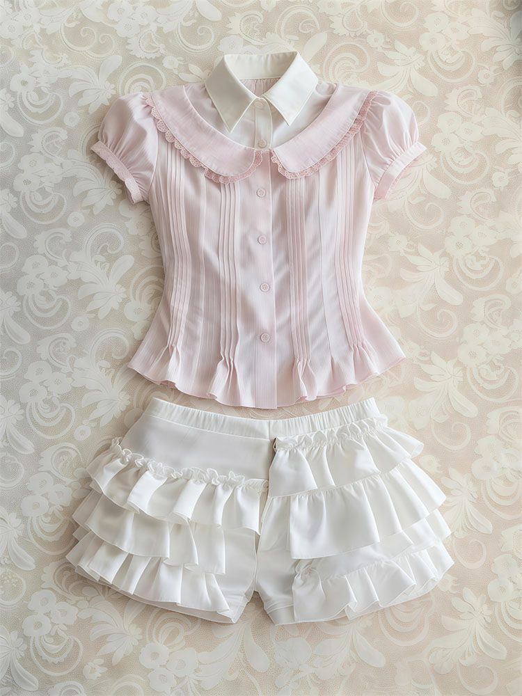 Vintage Fashion Korea - Sweet 2-Piece Set Woman Clothes Polo